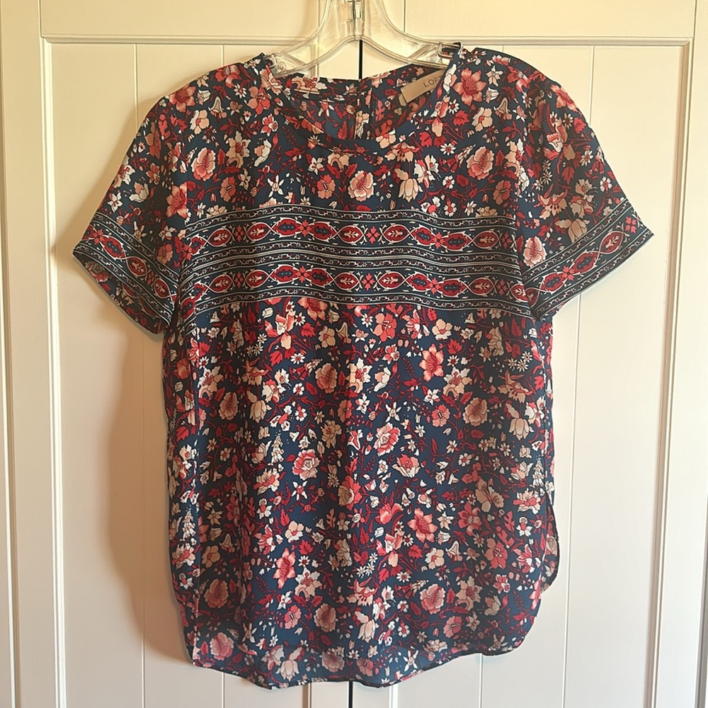 LOFT Blue Pink & Red Floral Lightweight Pullover Blouse - Size Small